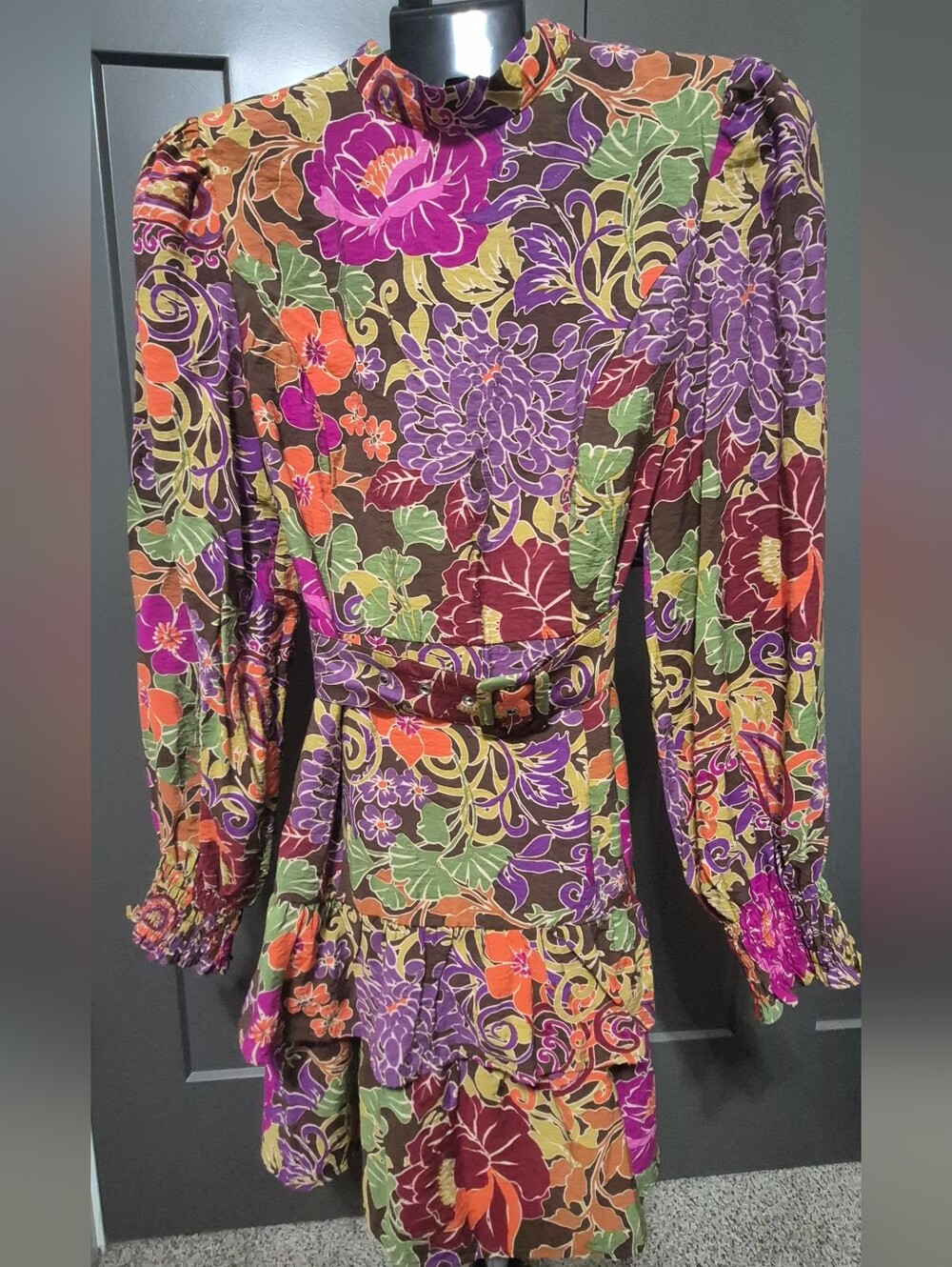 Fate Floral Boho Mini Dress Belted Tiered Long Sleeve Fall Small - Picture 2 of 8